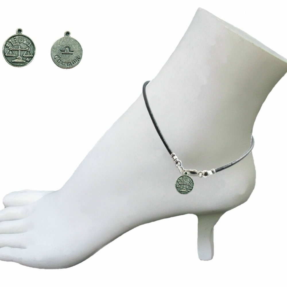 Black Leather Anklet ~ Libra Zodiac Charm